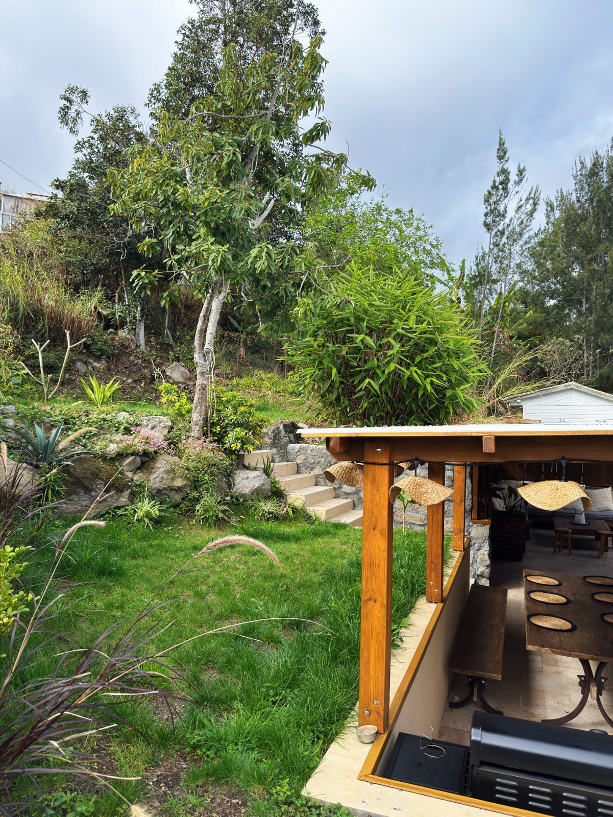 Jardin arboré du Chalet Des Sens à Cilaos avec pelouse, végétation tropicale et terrasse couverte